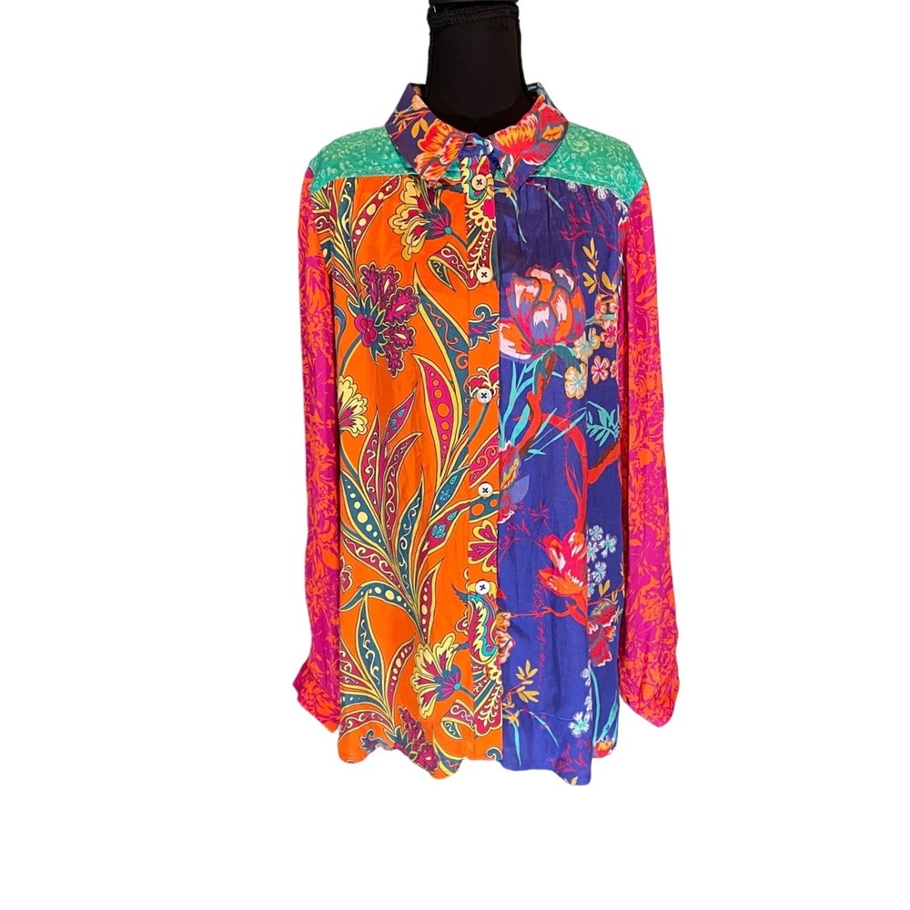Lagenlook Coastal Boho Soft Surroundings Mixed Floral Paisley Embroidered Top M